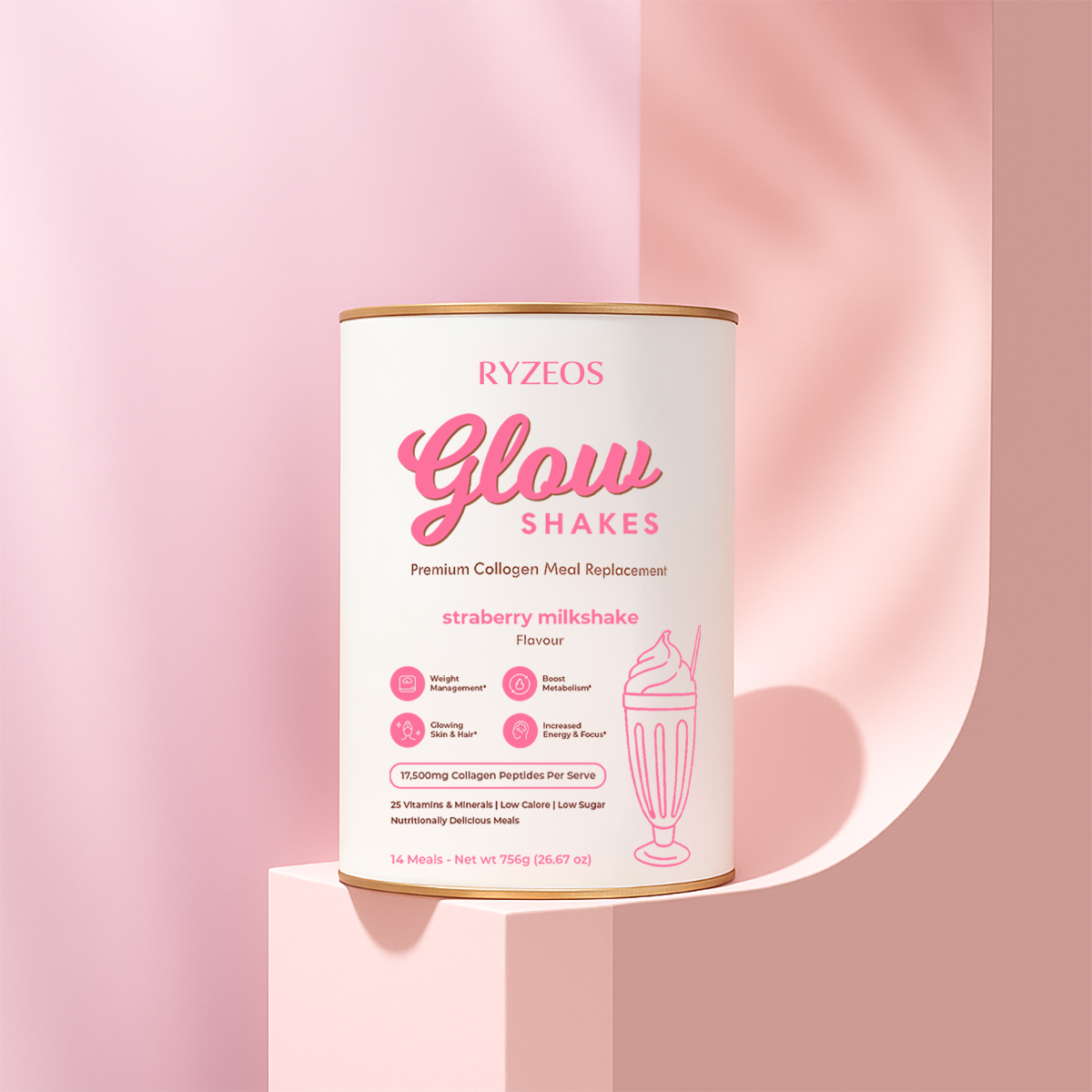 Ryzeos Strawberry Milkshake Collagen Meal Replacement - 756g