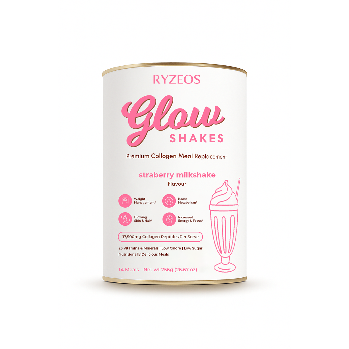 Ryzeos Strawberry Milkshake Collagen Meal Replacement - 756g