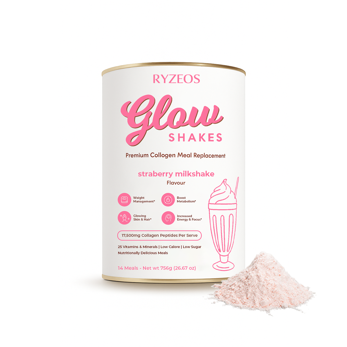 Ryzeos Strawberry Milkshake Collagen Meal Replacement - 756g
